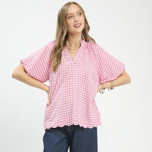 👀💖 Hello Gorgeous! Umgee Gingham Bubble Sleeve Blouse with Scallop Hem